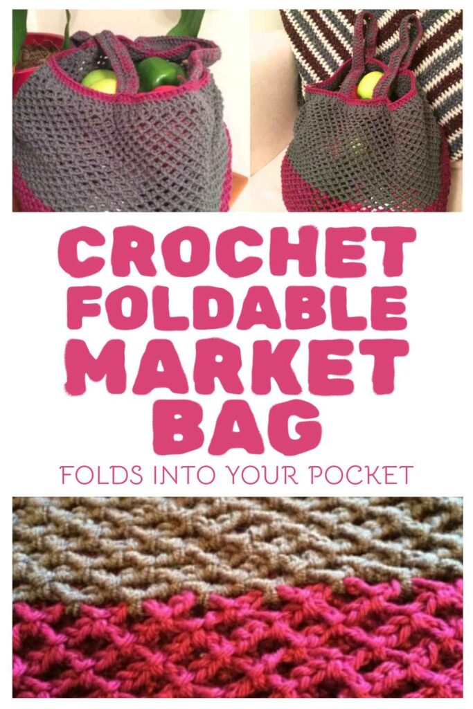 photos of a crochet foldable market bag