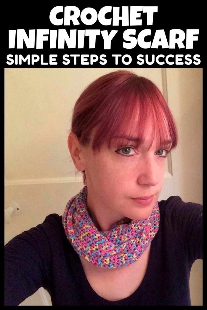 photo of a young woman wearing a crochet infinity scarf