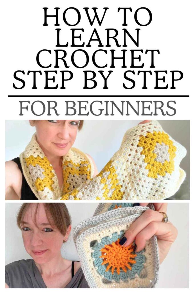 photo of woman with crochet scarf and granny square