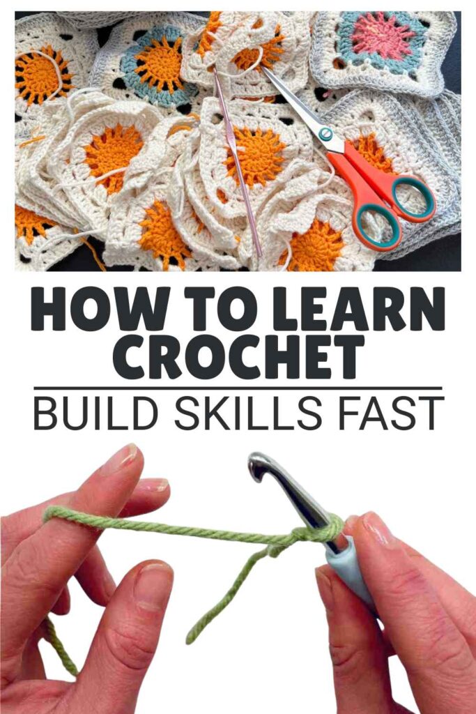 photos of crochet squares and hand with a crochet hook