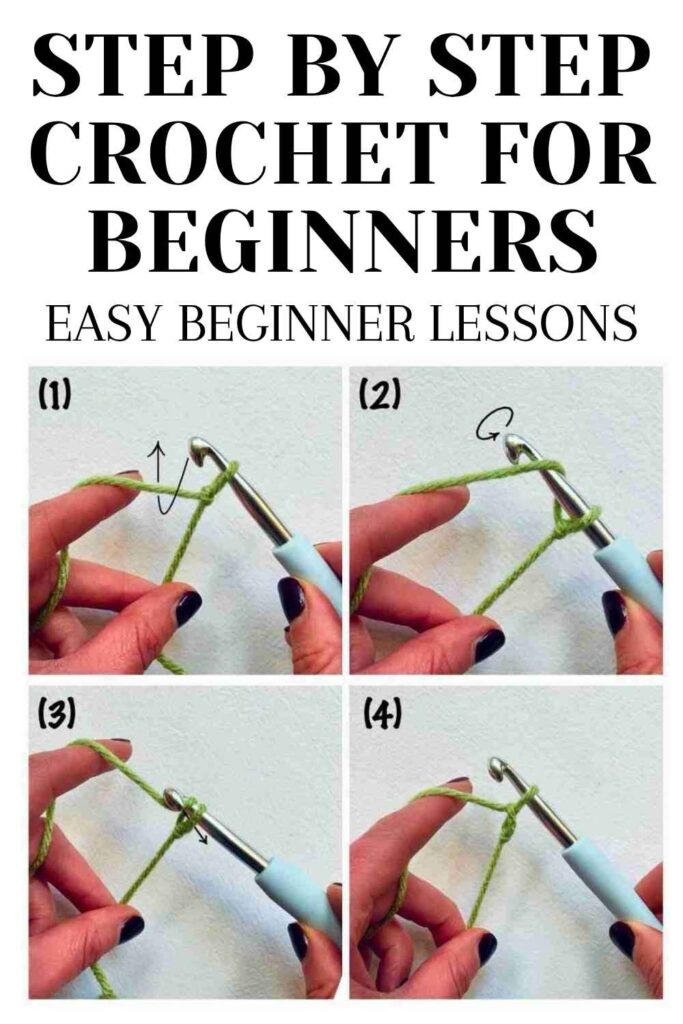 photos of hands working with crochet hook and yarn