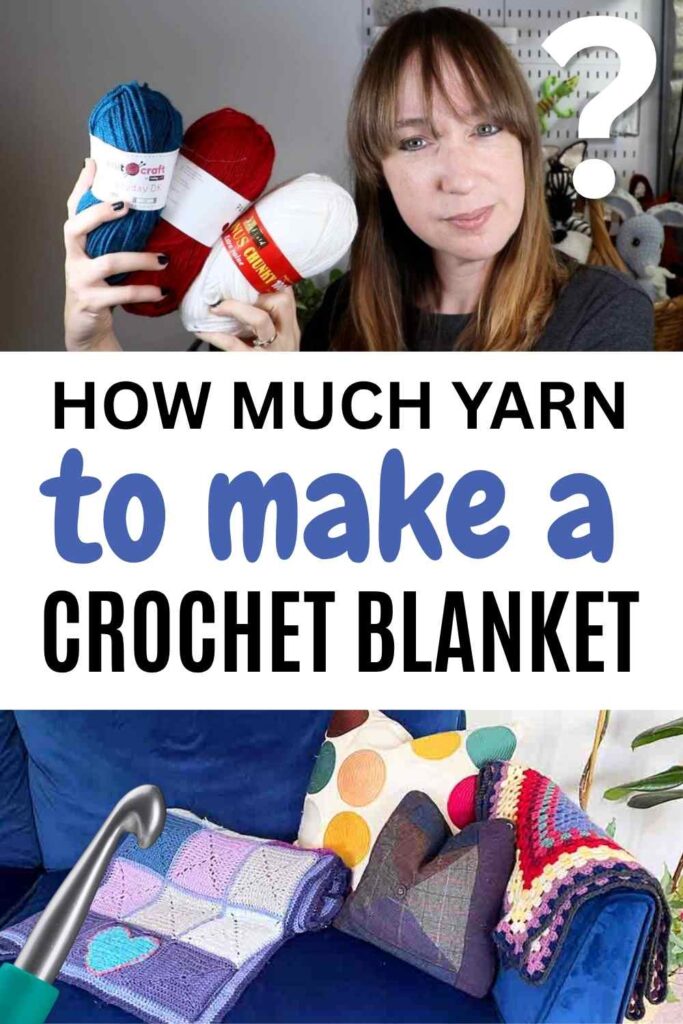 photo of a young woman holding yarn above a photo of several crochet blankets