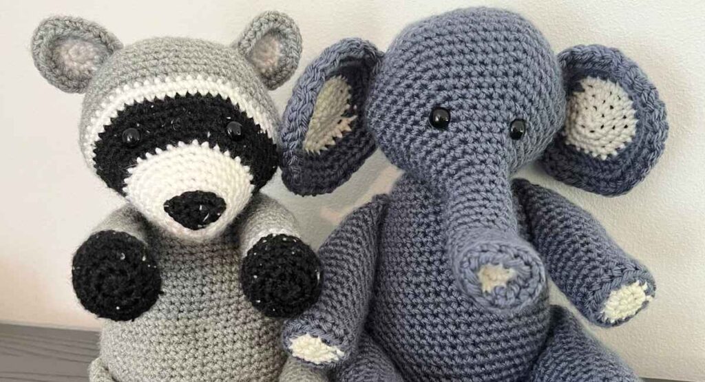crochet raccoon and crochet elephant