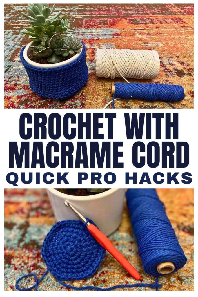 photo of crochet pot holder and some blue and cream macrame cord
