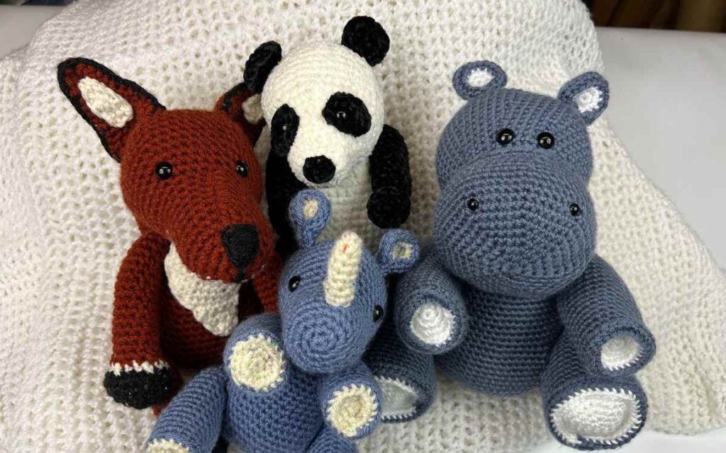 crochet fox, hippo, rhino and panda