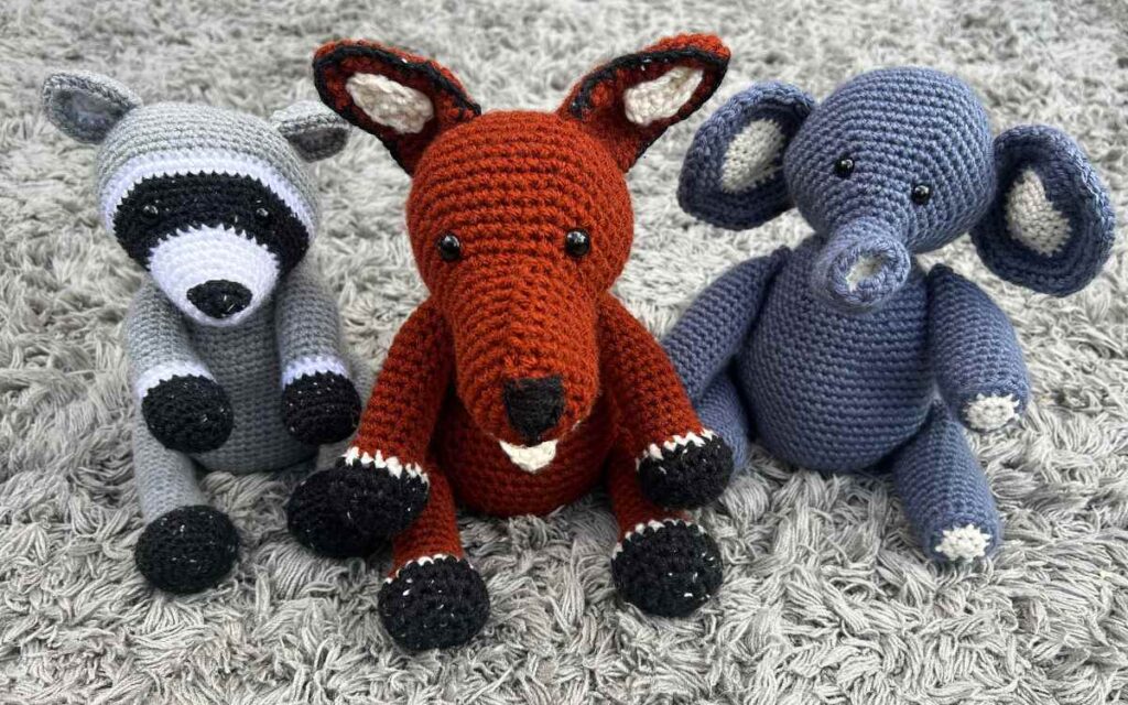 crochet fox elephant and raccoon
