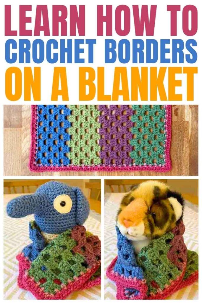 photos of a crochet blanket with a red border