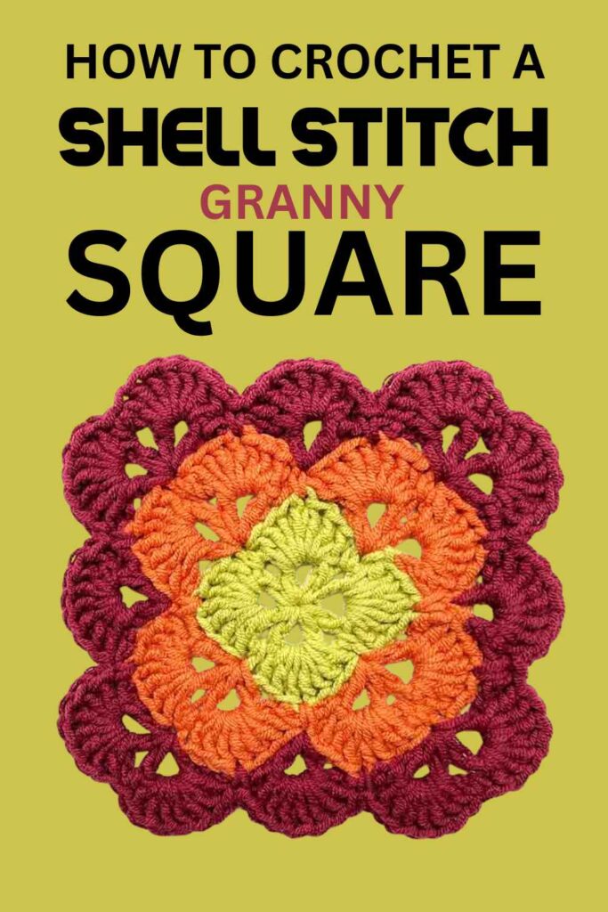 photo of a shell stitch granny square on a lime green background