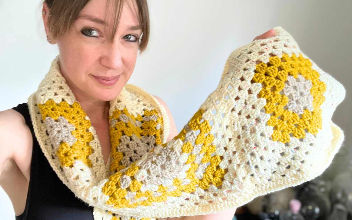 Yarn Scrap Granny Square Scarf by Lucy Kate Crochet