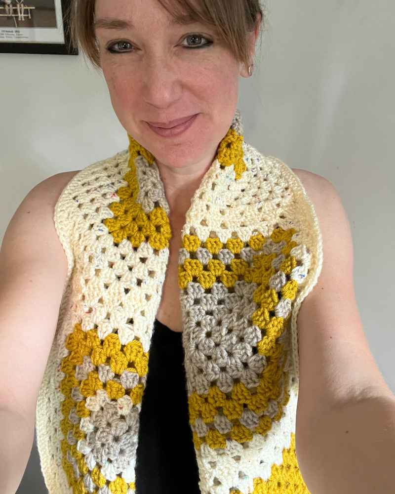 Yarn Scrap Granny Square Scarf by Lucy Kate Crochet