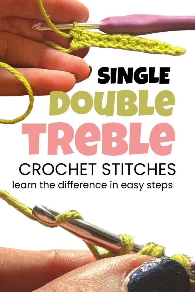 photo of hands working basic crochet stitches with green yarn and a pink crochet hook