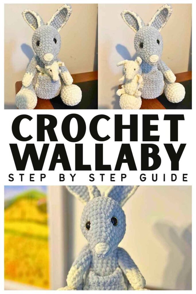 photos of a crochet wallaby