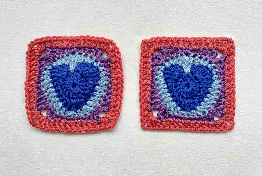 heart granny square before and after blocking