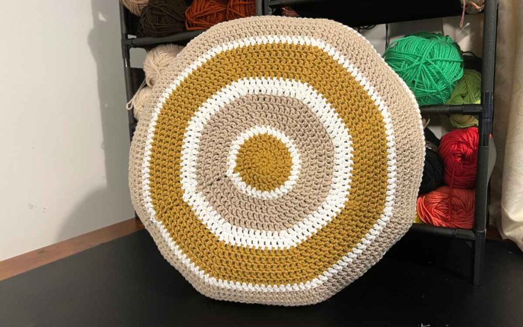 photograph of a circular crochet throw pillow