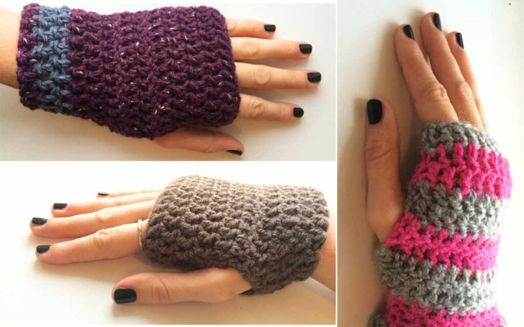 image showing three crochet fingerless glove designs