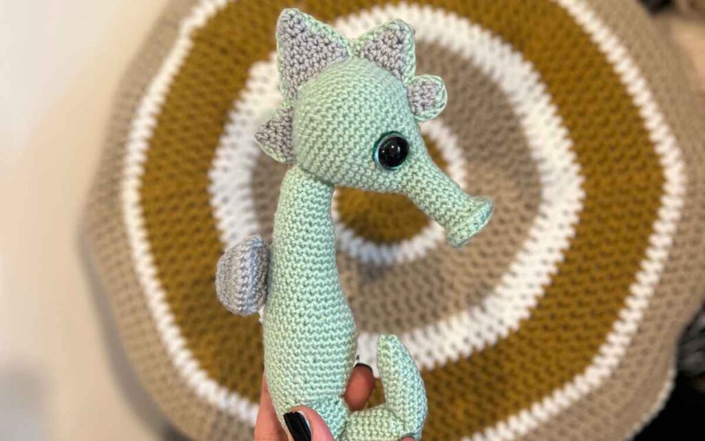 photo of a crochet seahorse