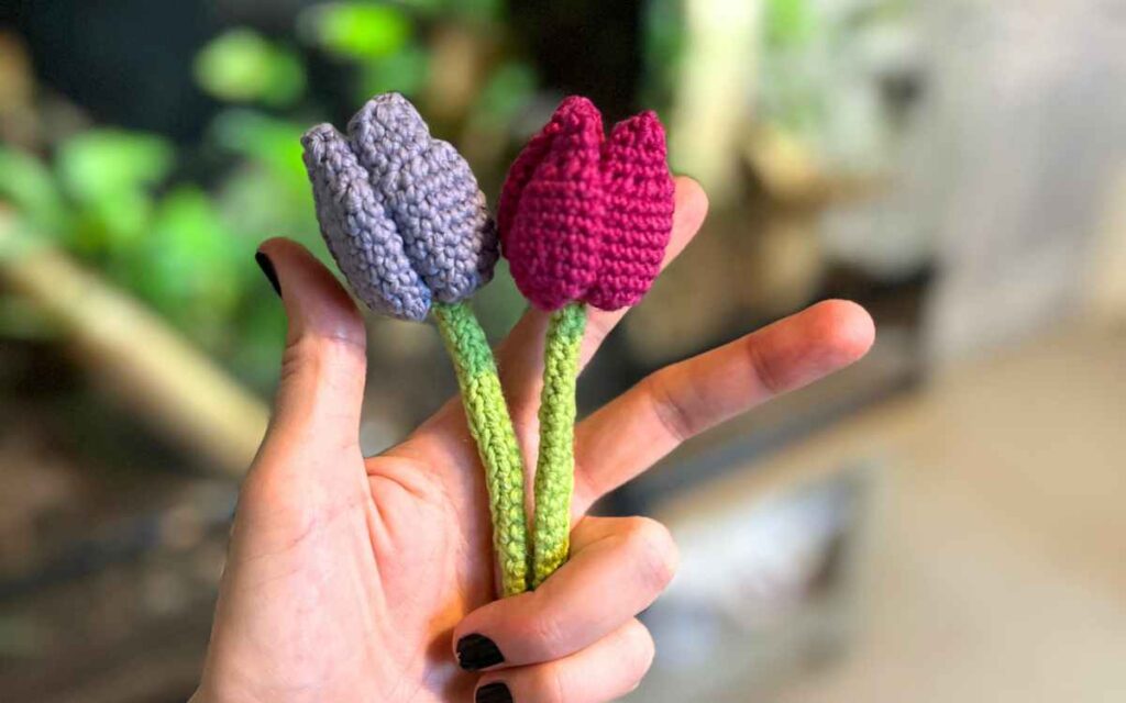 photograph showing two crochet tulips created using this pattern