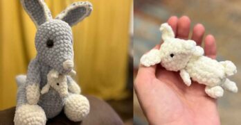 photo of crochet wallaby with baby in pouch, then separate joey