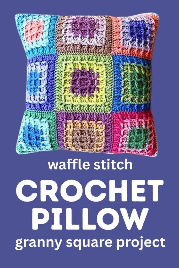 photo of a waffle stitch granny square crochet throw pillow