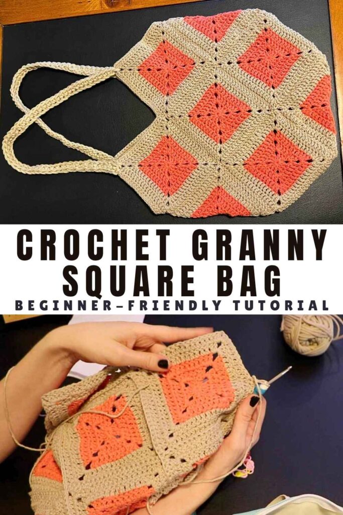 photos of a crochet granny square bag