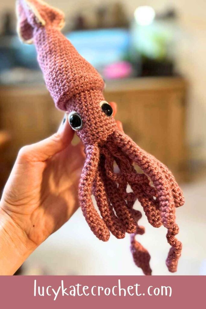 photo of a crochet squid
