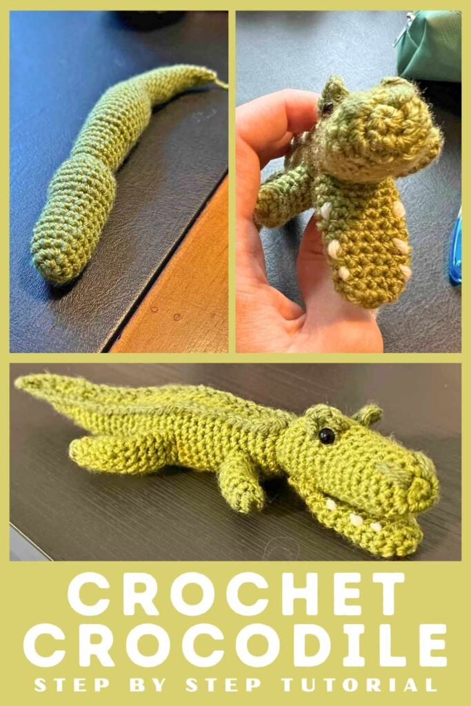 photos of a crochet crocodile