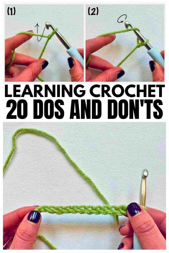 photos of hands, crochet hooks and green yarn making simple crochet stitches