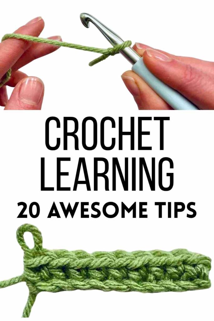 photo of green crochet sample and hands with a crochet hook and yarn