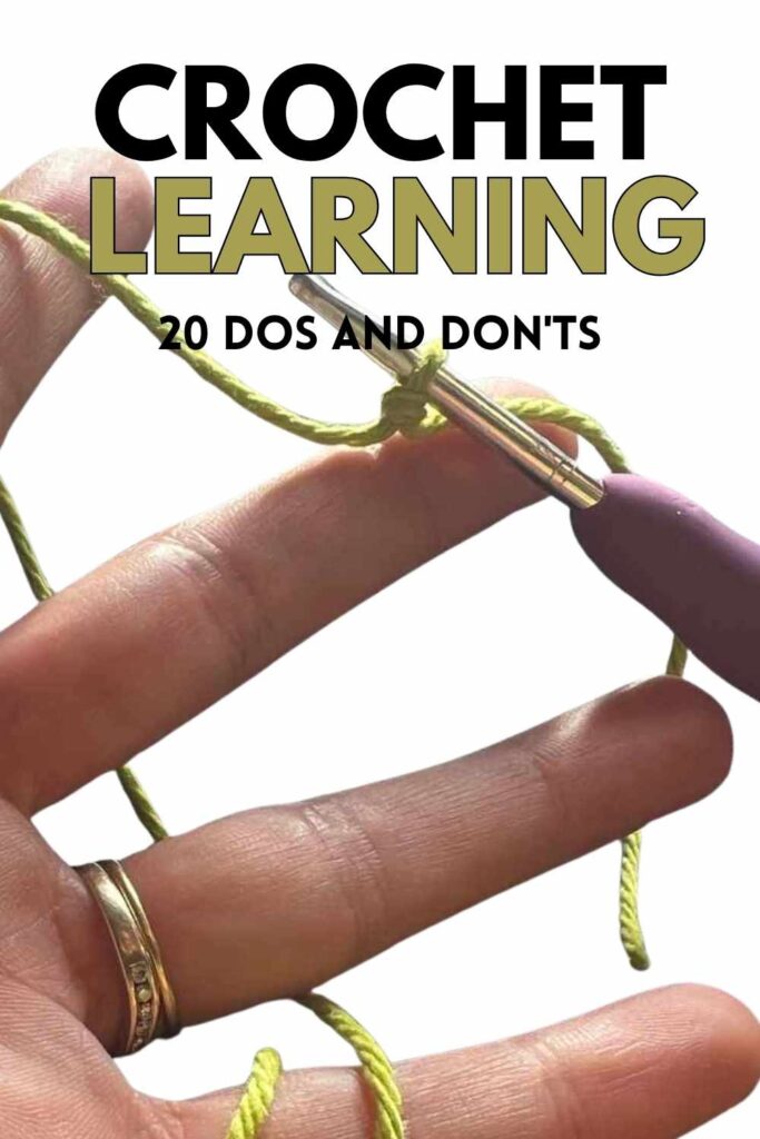 photo of a hand with a crochet hook and green yarn with text overlay that reads Crochet Learning