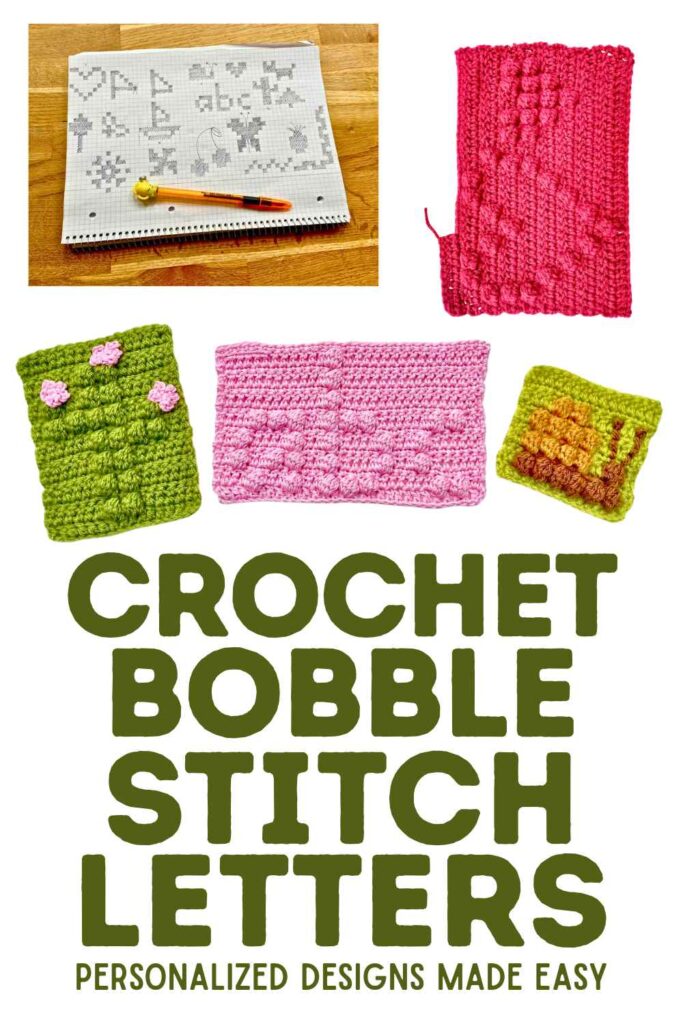 photos of crochet bobble stitch letters and chart