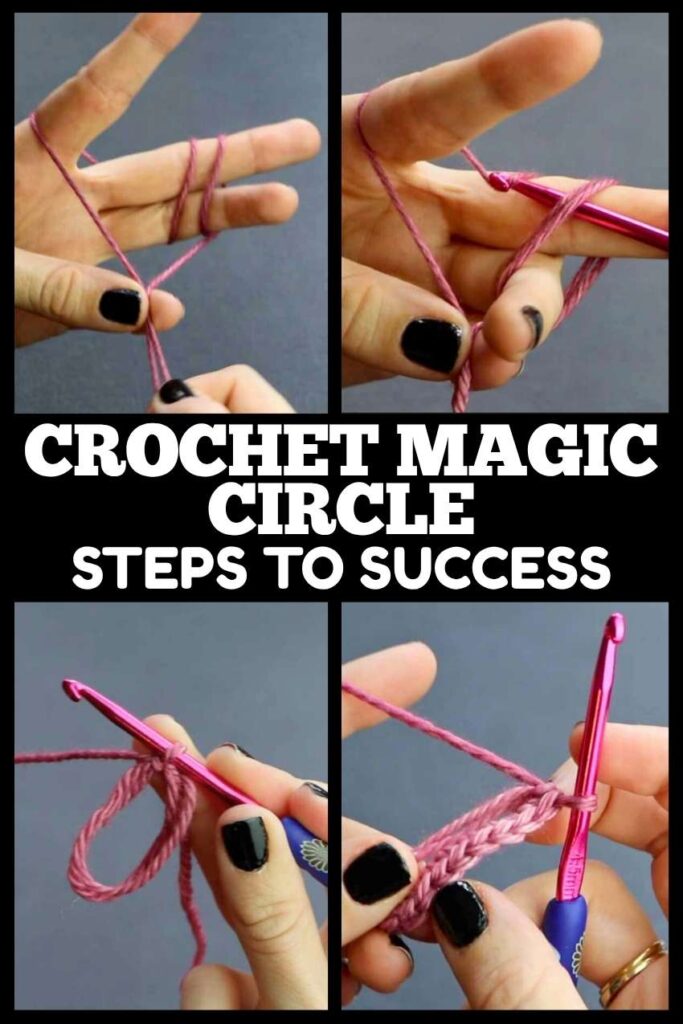 photos of hands making a crochet magic circle