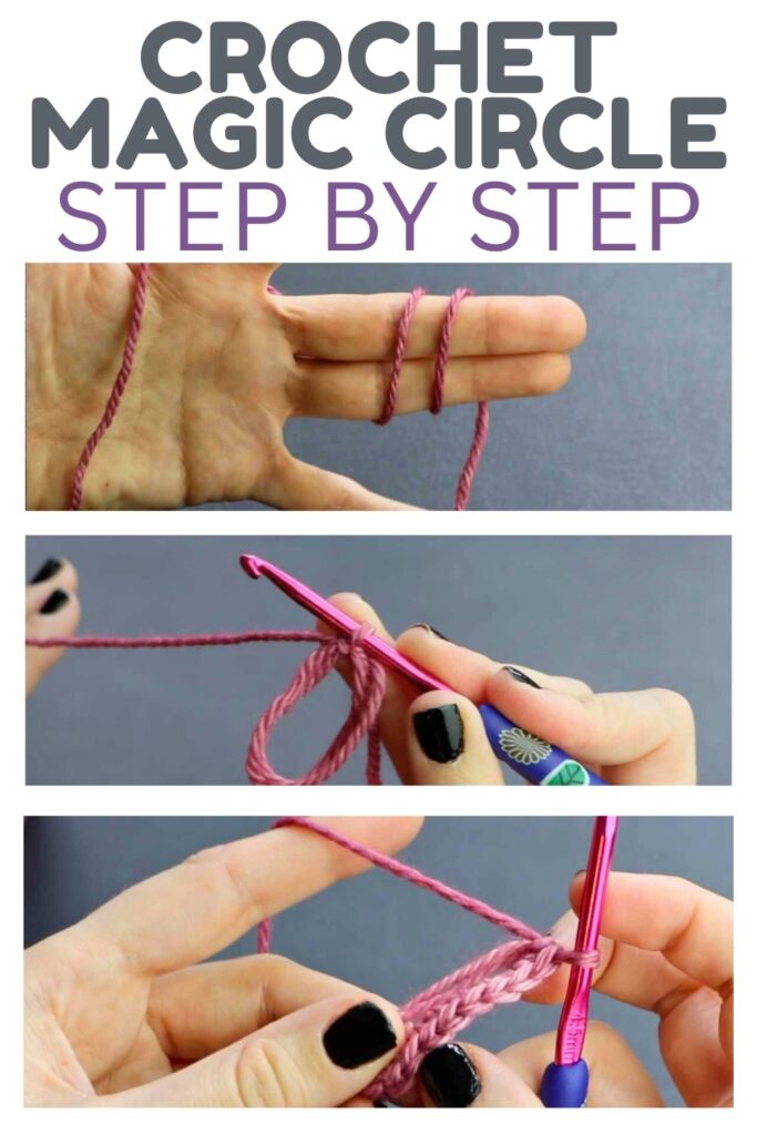 photos of hands making a crochet magic circle