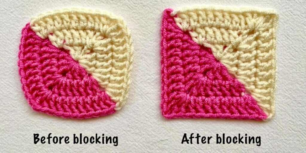 diagonal granny square before and after blocking