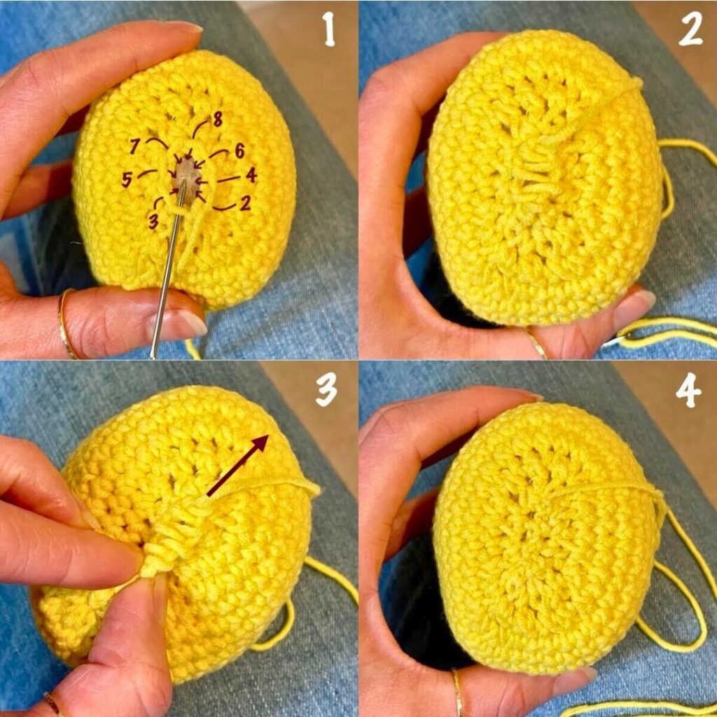 illustration of how to close the squishy crochet cat with a mattress seam