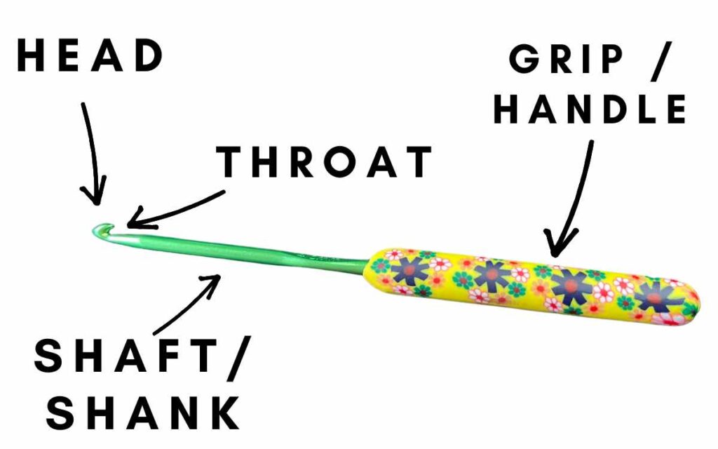 diagram showing the anatomy of the crochet hook