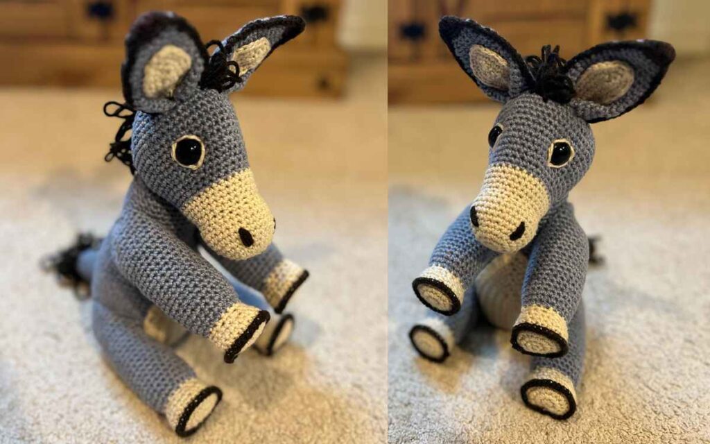 image showing two angles of the crochet donkey