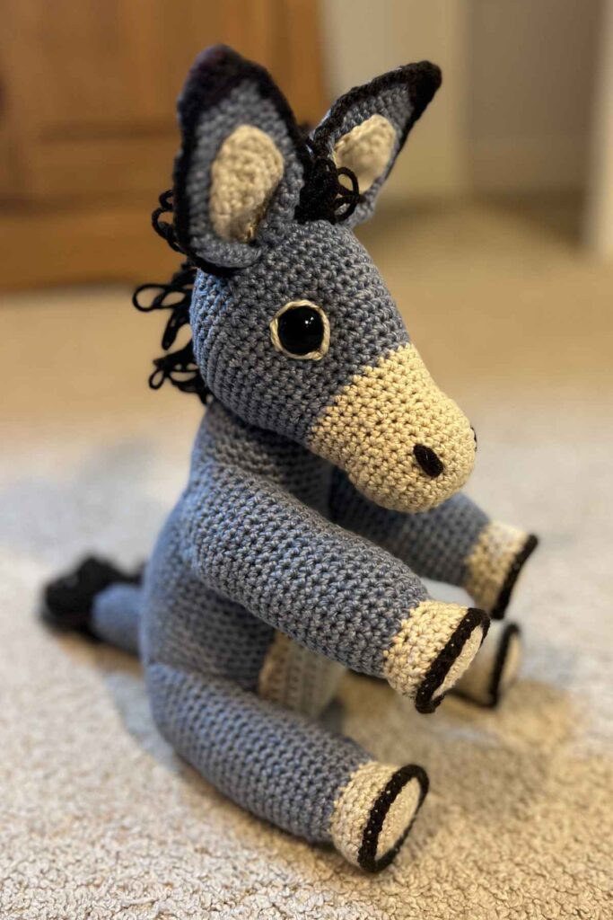 image of the crochet donkey sitting on the floor