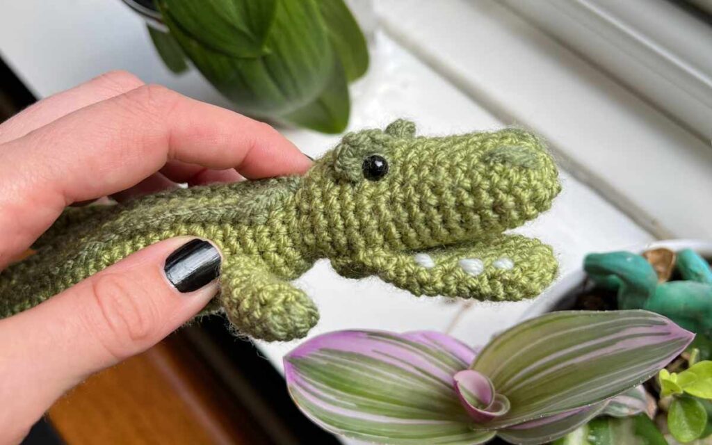 image of crochet crocodile with open jaw