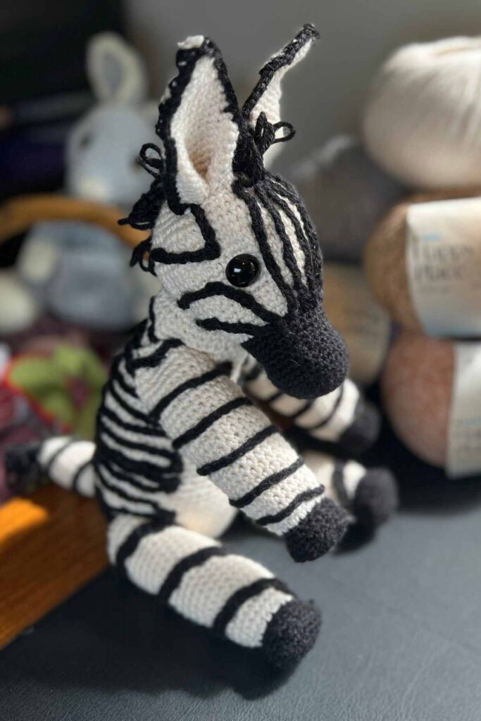 side image of the finished crochet zebra