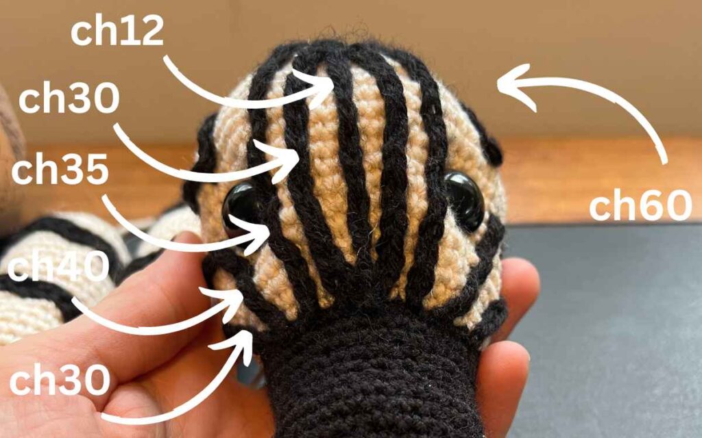 image of crochet zebra chain numbers