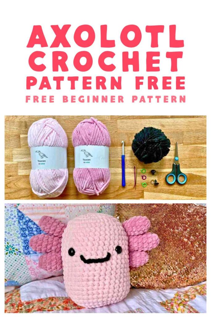 photos of pink crochet axolotl and yarn