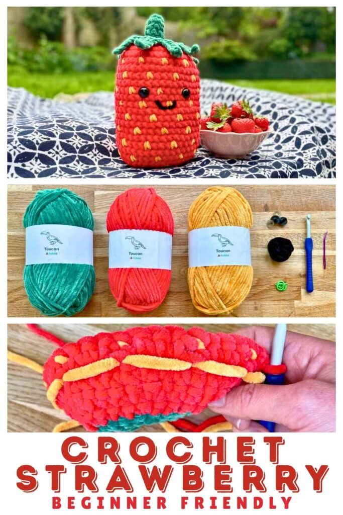 photo of a crochet strawberry and some yarn