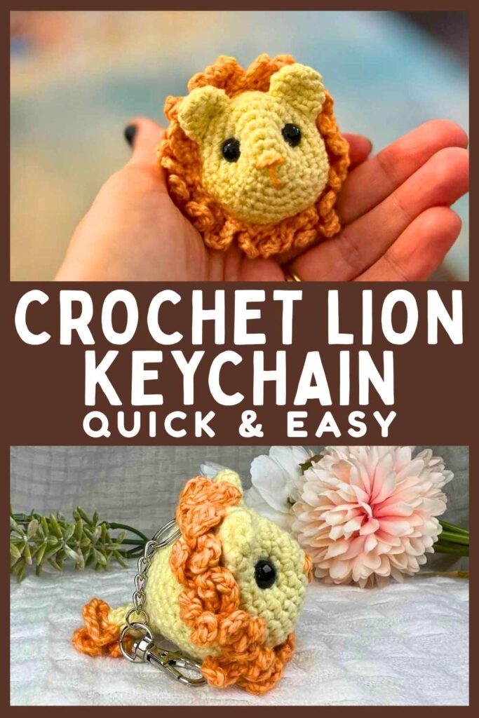 photos of a crochet lion keychain