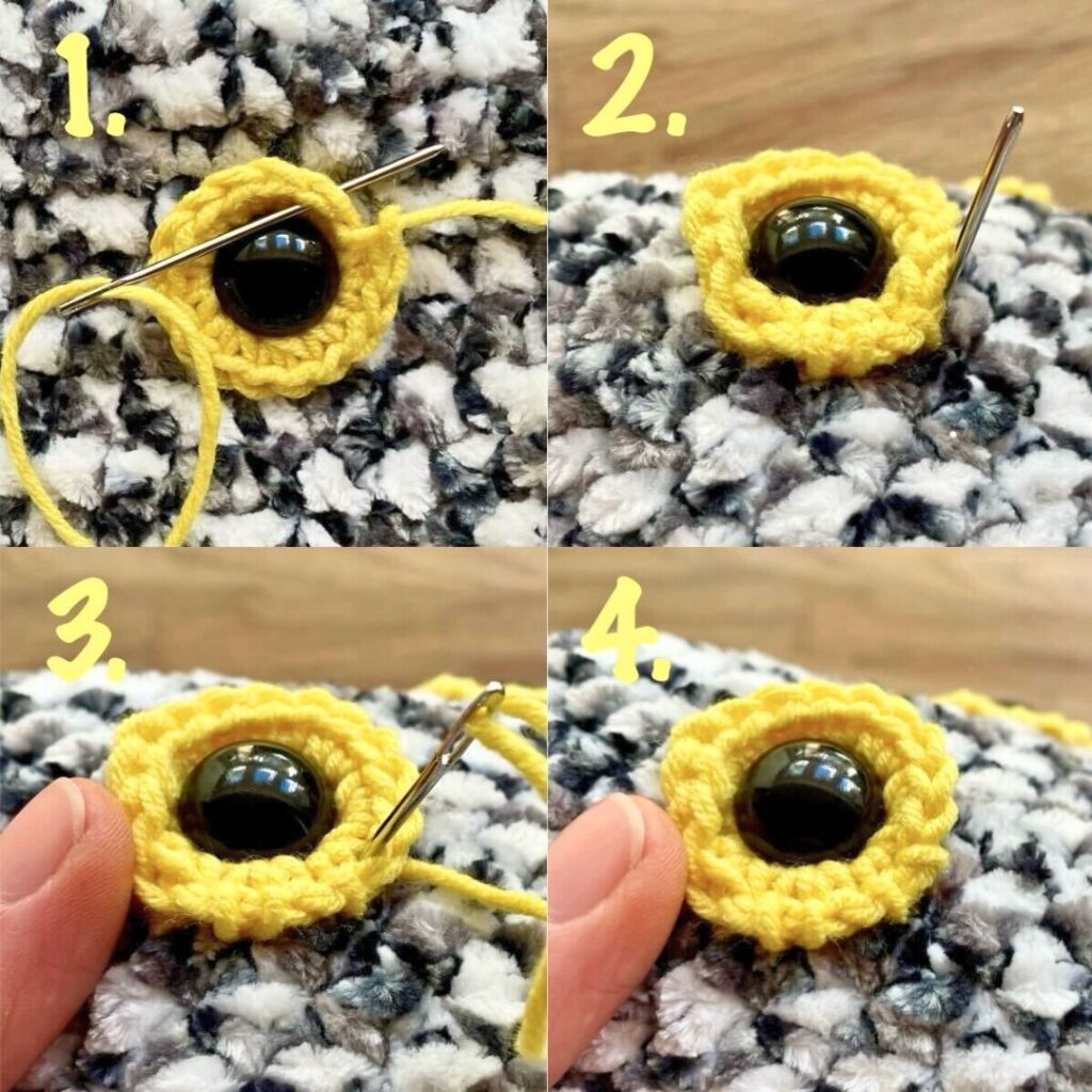 detail of how to sew on the owl's eyes