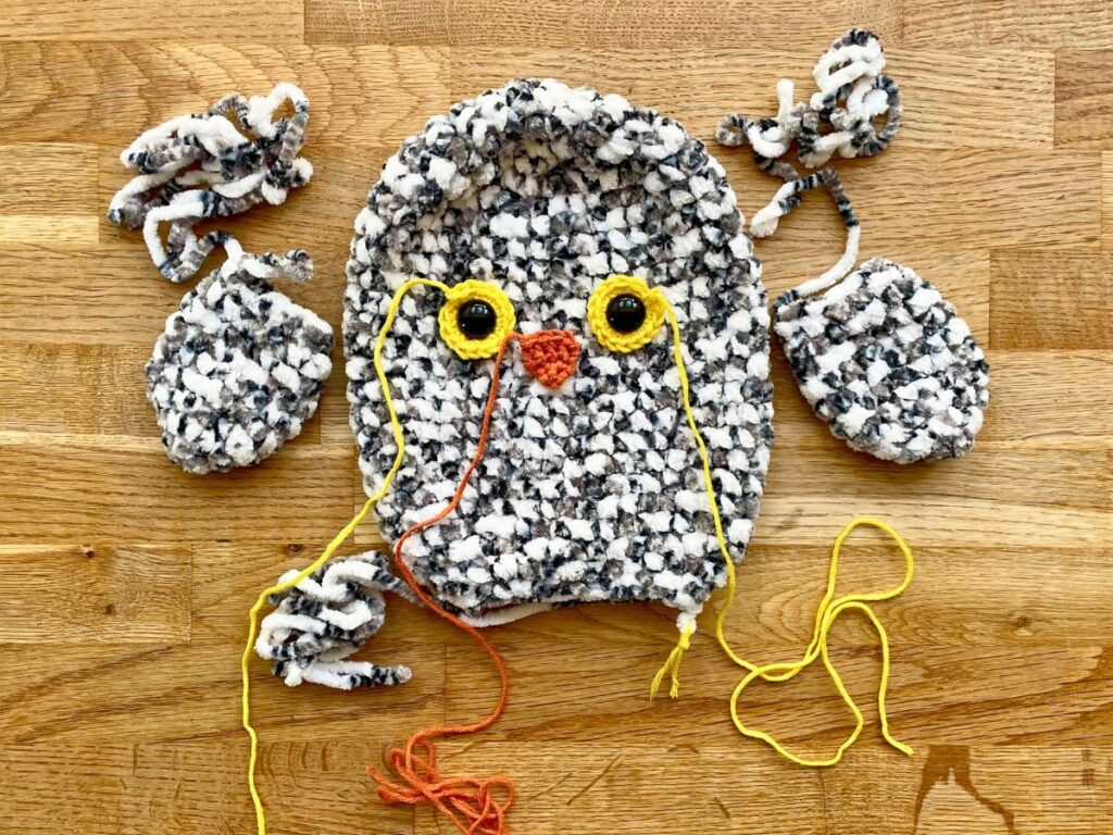 squishy crochet owl pieces before sewing