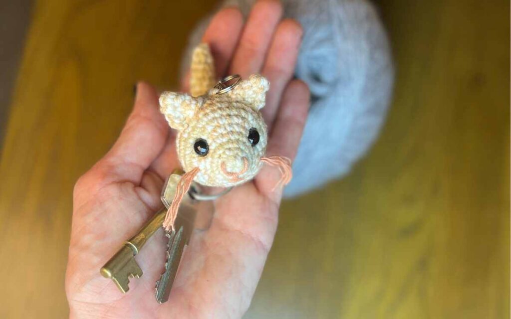 picture of my amigurumi kitten keychain in my hand