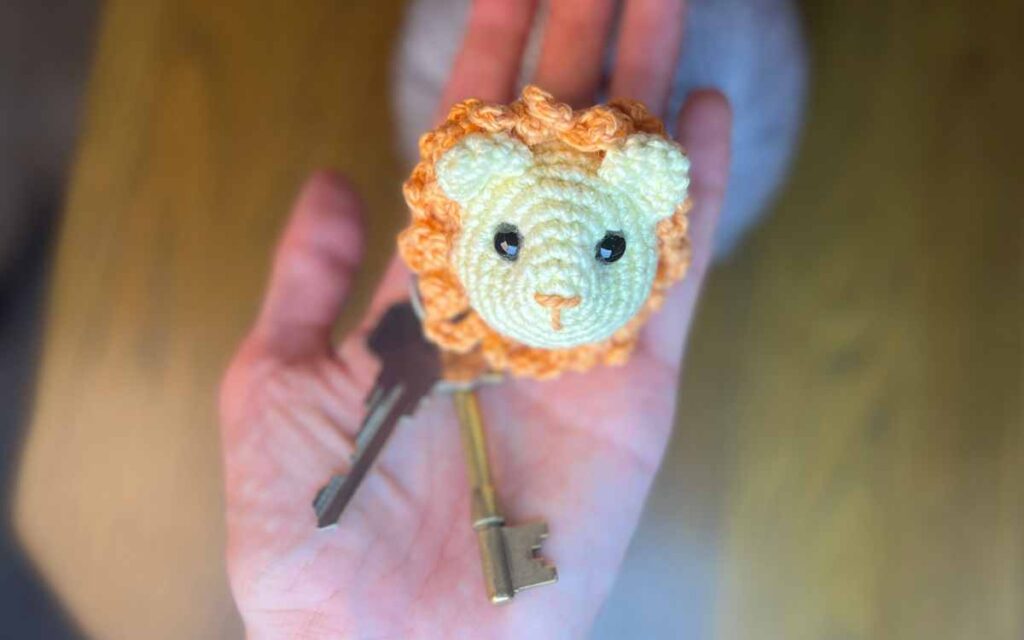 picture of my amigurumi lion keychain in my hand