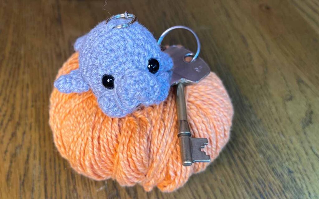 photo of my amigurumi seal keychain on some yarn