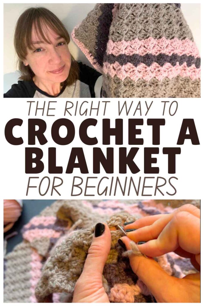 photos of crochet blankets and person working on them