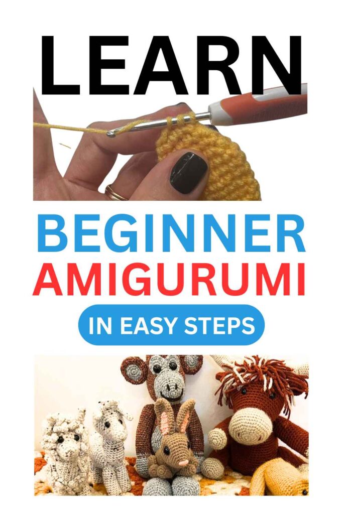 photos of crochet toys and of hands working a crochet sample of beginner amigurumi stitches